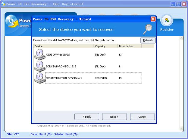 the device selecting window of the professional cd dvd data recovery software