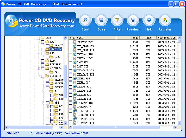 the file listing window of the professional cd dvd data recovery software