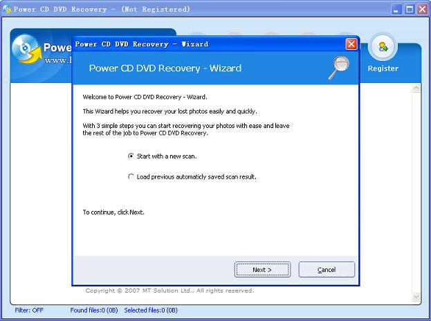 the wizard dialog window of the professional cd dvd data recovery software